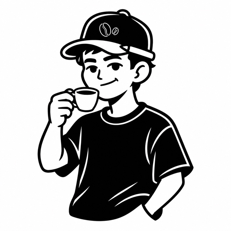 Illustriertes Kafetschal-Maskottchen mit Kappe und Espressotasse